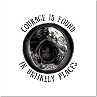 Whimsical Halfling Hole Pen Drawing - Courage is Found in Unlikely Places - Round Door - Black and White - Fantasy Posters and Art